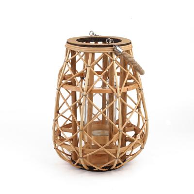 China Wholesale Retro Design K&B Wooden Frame Rattan Jar Lanterns Candle Holder Stocked Glass Decor for sale