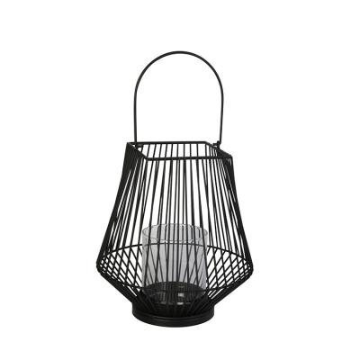 China Modern Wholesale Nordic Apperance K&B Design Black Metal Wire Glass Cup Candle Lantern With Handle for sale