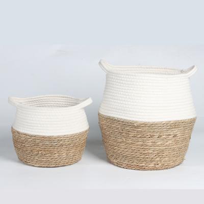 China K&B Cotton Rope Woven Folding Plant Basket With Handles Large Indoor Storage Basket For Potted Plants for sale