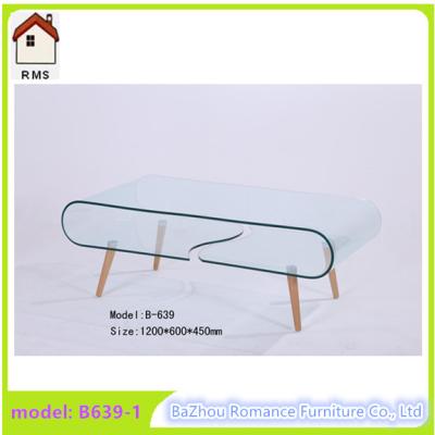 China large hot bending glass coffee table wood legs coffee table center table B639-1 for sale