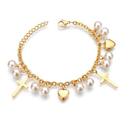 China FASHIONABLE Hot Sales Titanium Steel Bangle Bracelet Women's Double Layer Christian Gold Plated Charm Heart Cross Bracelet of Life for sale