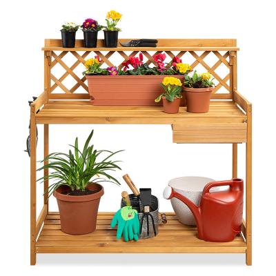 China Hot Sale Pastoral Garden Flower Table Shelves Outdoor Solid Wood Planting Workstation Potting Benches With Drawer for sale