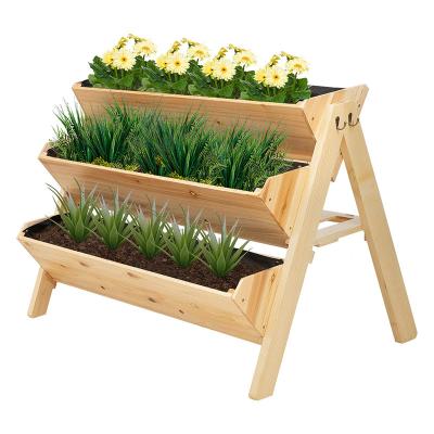 China Wholesale 3 Tiers Pastoral Wooden Garden Raised Bed Garden Raised Bed Raised Flower Plant Bed With Hooks for sale