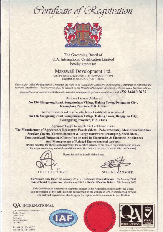 Certifacate of Registration - Maxswall development ltd