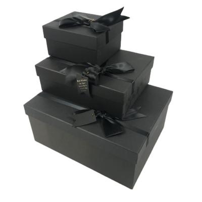 China Wholesale Recyclable Luxury Recycled Hardcover Cardboard Cardboard Ribbon Clothing Shoe Gift Black Paper Box With Ribbon for sale