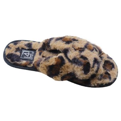 China OEM Plush Ladies Fur Slippers Cushioning,Fashion Leopard Winter Light Anti Slip Women's SlippersCross Band,Soft Plush,Open Toe for sale