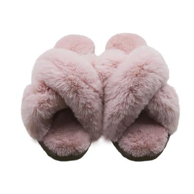 China Cushioning fur slipper, cross band, soft plush, open toe, fashion lightweight women's winter anti slip slippers for sale