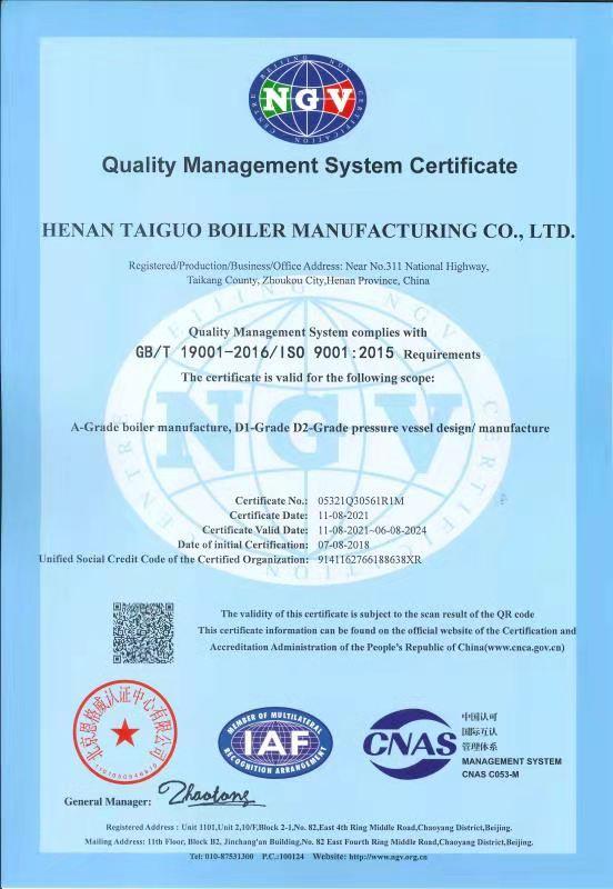 ISO9001 - Henan Taiguo Boiler Products Co., Ltd.