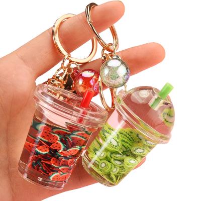 China Eco-firendly New Arrivals Fruit Watermelon Kiwi Liquid Keychain Milk Tea Bottle Cute Creative Floating Key Chain for sale