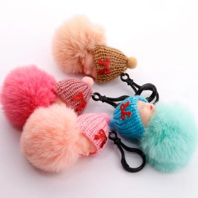 China New Baby Sleep Faux Fur Key Chain Women Trinket Pom Pom Key Chain Advertising Key Chain for sale