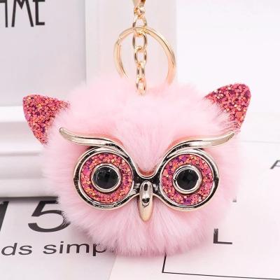 China Advertising Cute Owl Keychain Fluffy Artificial Rabbit Furry Pompom Ears Girl Sequin Key Chain for sale