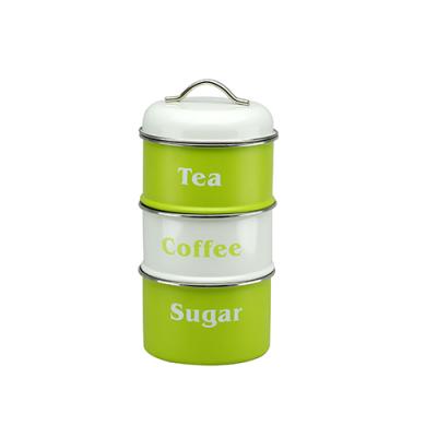 China New Design Round Storage Canister Set of 3 Green and White Stackable Fashionable Tin Container Canister Set of 3 for sale