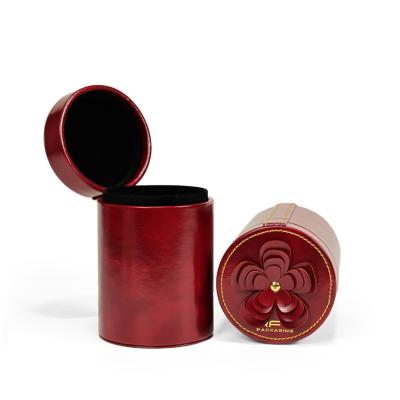 China Handmade Luxury Red Leather Perfume Round Box Cylinder Perfume Skin Care Products Custom Cosmetic Packaging for sale