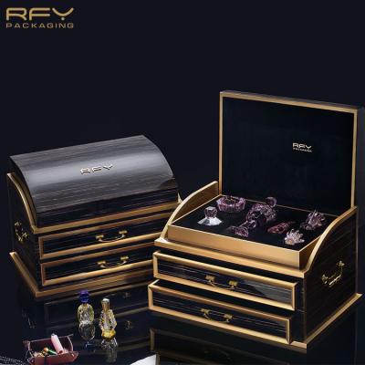 China Handmade Luxury Wooden Perfume Set Drawer Boxes Custom Design Black Piano Lacquer Perfume Box Essential Oil Gift Box Packages for sale