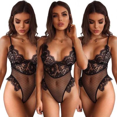 China High Cut Polyester Fiber Lace Up Teddy Top Lightweight Catsuit Sexy Bodysuit V-Neckline Floral Trim Babydoll Lingerie Plus Size Erotic Lingerie for sale