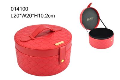 China Satin Lining Red Leather Makeup Train Case Round Cosmetic Bag OEM / ODM for sale