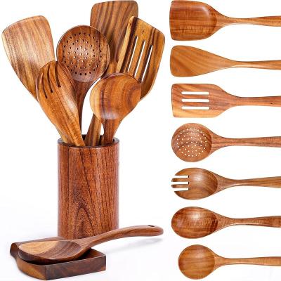 China Wooden Spoons Stocked Utensils For Cooking With Holder Natural Teak Wood Kitchen Utensils Set With Spoon Rest Comfort Handle for sale