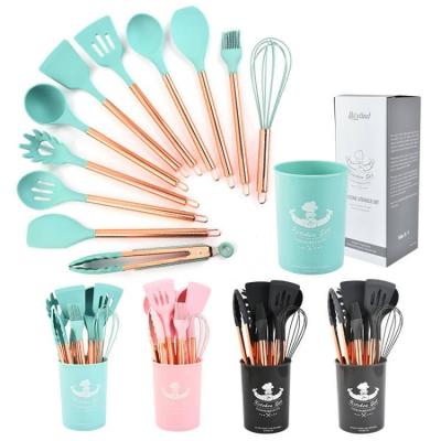 China Wholesale Viable Silicone Kitchen Dish Set Kitchen Dishware Tools Rose Gold Handle Cooking Shovel Spoon 12 Piece Storage Barrel for sale