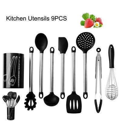 China Sustainable 9 Pieces Silicone Kitchen Cooking Tools Stand Up Kitchenware Spatula Silicone Kitchen Utensils Set With Wooden Handles for sale