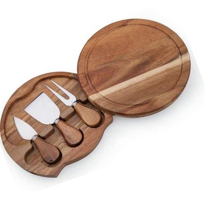 China Workable 4pcs set round shape acacia wood cheese knife with cheese board cheese knife and knife set made of acacia wood for sale