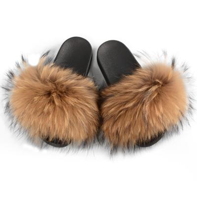 China Fashion trend female brown fox and raccoon fur slides slippers 2021 custom design fashion slips women with logo for sale