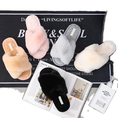 China CUSHIONING yeezy plush slippers 2021new logo faux fur slippers custom open cross toe flat heel for women CUSHIONING for sale