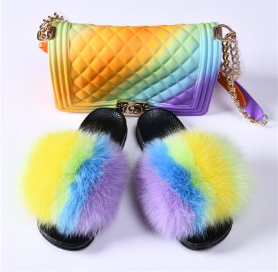 China Fashion trend 2021custom wholesale real line fur slipper slips women freeze purse set for sale