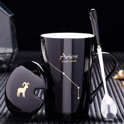 China 420ml Viable 14oz Black Ceramic Coffee Mug 12 Constellation Cups Water Gift Box Package Cup Birthday Gift Cup Couples Gold for sale