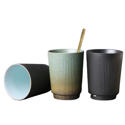 China Japanese Style Viable Handmade Ceramic Coffee Mug Green And Black Raw Pottery 320ml Large Capacity Vertical Stripes for sale