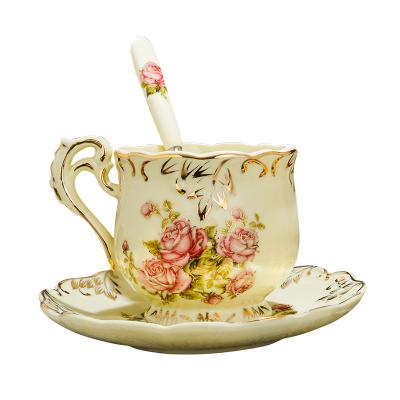 China Viable European Style Bone China Handmade Coffee Cup Set With Spoon Flower Pattern Cups And Saucers Gift Package for sale