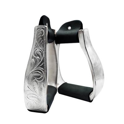 China Aluminum horse stirrup.with aluminum leather wrapped,one side hand engraved. Size: 4 3/4