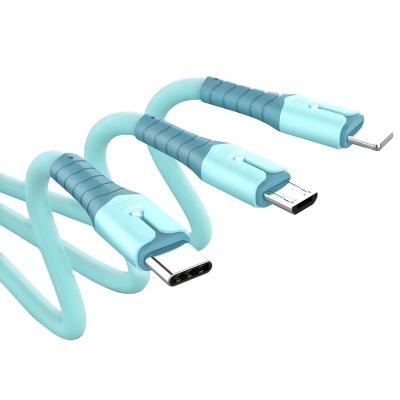 China Multi Function Cable 3A Liquid Silicon Fast Charging Soft Strip 3 In 1 Type-C Multi Micro Usb C USB Charger Cable With LED Light For iPhone for sale