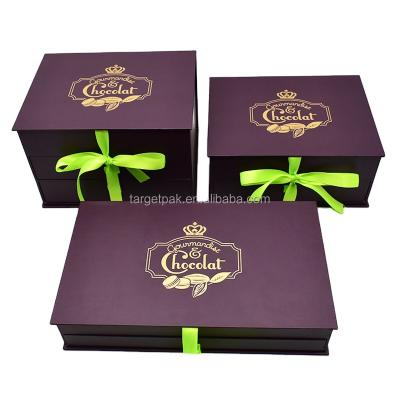 China Recycled Materials Rigid Fancy Drawer Sliding Chocolate Candy Box 2 Gray Board Gold Paper Chocolate Packaging Boxes 3 Layer Insert With Ribbon for sale