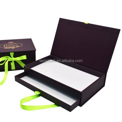 China Recycled Materials Black Square Drawer Rigid Chocolate Slide Bar Box Rigid Chocolate Food Grade Exclusive Packaging Box With Ribbon for sale