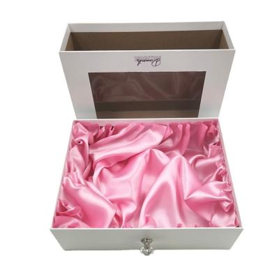 China Luxury Handmade Jewelry Packaging Drawer Gift Box Pink With Clear Window Satin Shoes Dressing Pull Out Storage Box For Hair Wig for sale