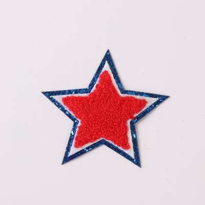 China 5.5 Cm Self Adhesive 4th of July USA Patch Blue Glitter and Red Chenille Embroidery Star Letters Patches for Independence Day for sale