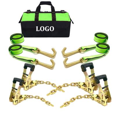 China Polyester Carrier Tow Truck Tie Down Straps 4 Pack Price Drop With Mini J-Hook And Ratchet Chain Buckle G70 for sale