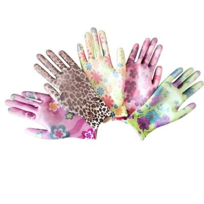 China OEM Polyester Gardening Flower Printing PU Woman Gloves for sale