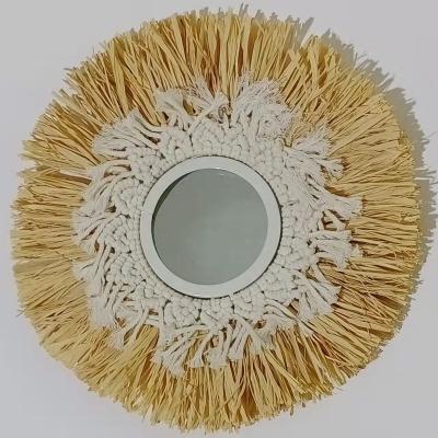 China Modern Raffia Hand & Woven Decorative Garden Home Wall Hanging Mirror for sale