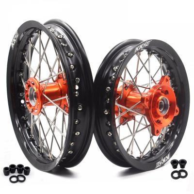 China 6082-T6 Aluminum Kid's Motorcycle KKE 12/10 Wheels Set Compatible With KTM50 SX 2014-2021 Hub Black Orange Rim for sale