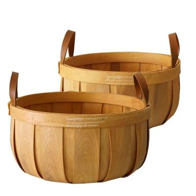 China Luxury Round Wooden Bushel Basket Wood Waste Basket Gift Hanging Packing Basket for sale