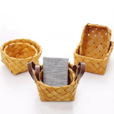 China Luxury traditional design miniature woven wood chip storage basket with leather handle for home and picnic for sale