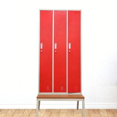 China Fit for School 3 Door Gym Metal Locker Clothes Wardrobe Cabinet Steel Cabinet with Bench en venta