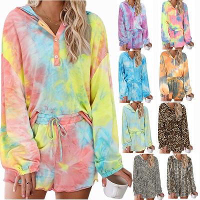 China 2021 QUICK DRY wholesale hoodie loungewear shorts women set lounge wear sets tie dye two piece pajamas for women set for sale