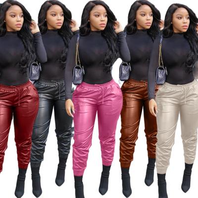 China 2021 QUICK DRY High Waist Clothing Women Pleated Elastic Bottom Skinny Bodycon Lace Up PU Leather Pants Women for sale