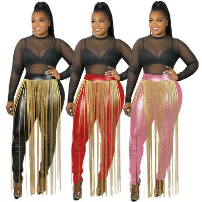 China QUICK DRY Plus Size Shape Skinny Solid Color Long Tassel PU Fashion Women Clothing Leather Pants for sale