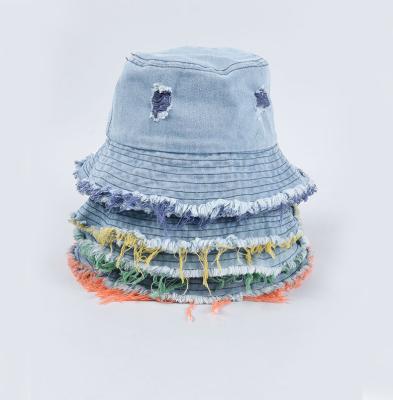 China Character Two Color Fringed Brim Washed Worn Out Fisherman Hat Cool Design Denim Bucket Hat For Men Women Unisex for sale