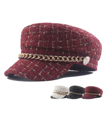 China Wholesale New Fashion Girl Beret Hat Autumn Winter Tweed Chain Military Hat Plaid Newsboy Wool Flat Cap For Women for sale