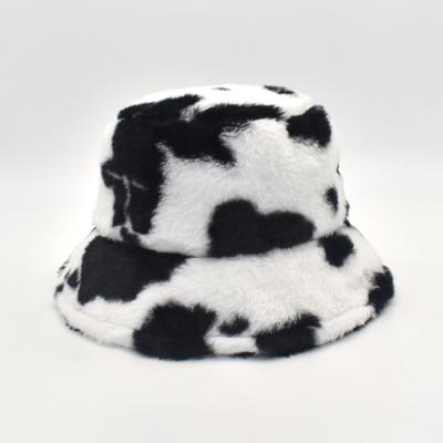 China Image Winter Cow Leopard Print Faux Fur Plush Bucket Hats Outdoor Warm Velvet Soft Fisherman Cap for sale