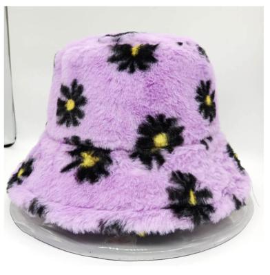 China New Style Fisherman Hat Autumn Winter Daisy Printed Fisherman Hat Korean Plush Travel Warm Rabbit Faux Fur Bucket Hat for sale